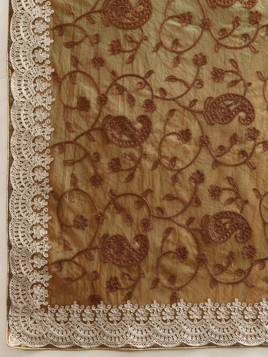 Chikankari Work Brown & Mustard with White Lace Saree