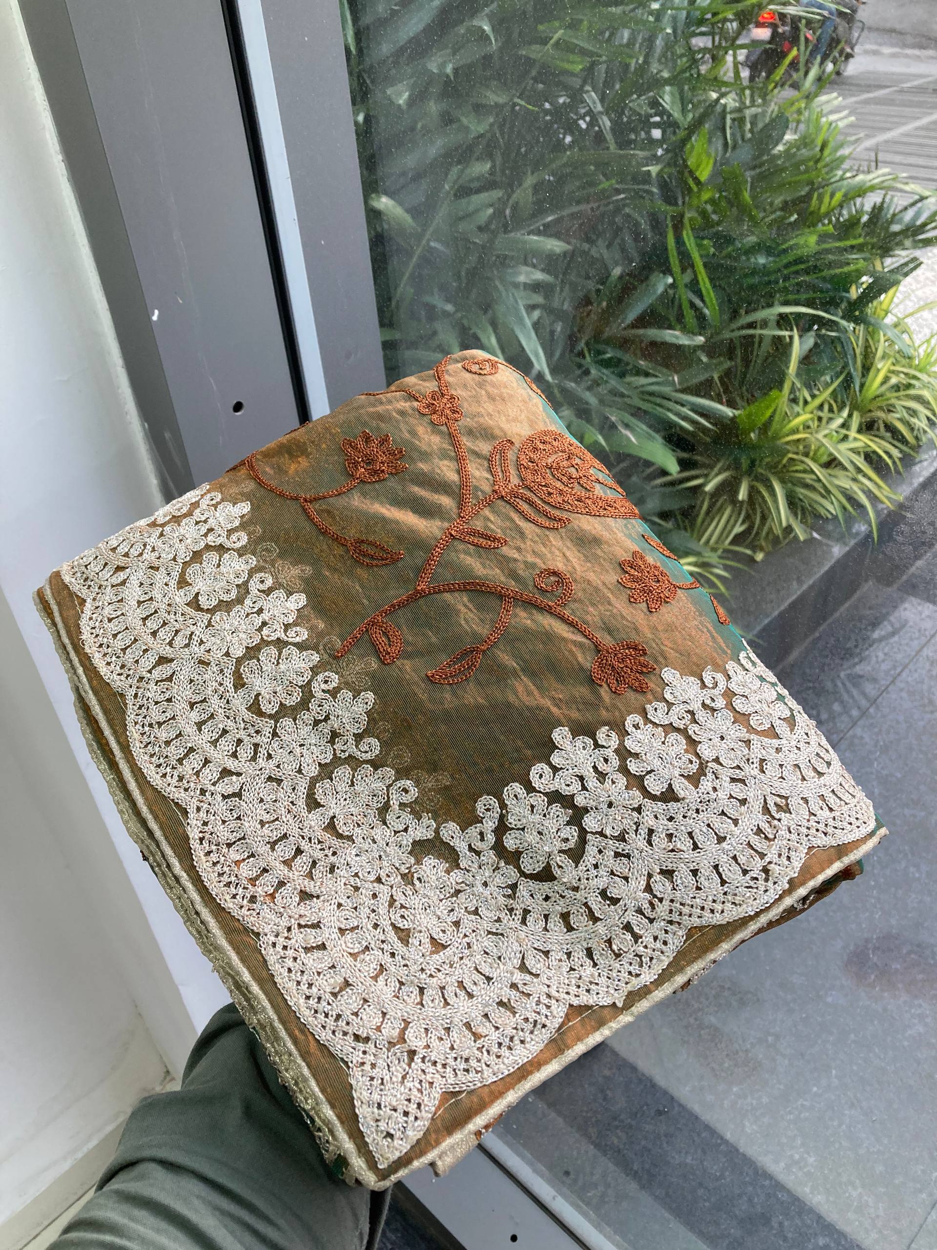 Chikankari Work Brown & Mustard with White Lace Saree