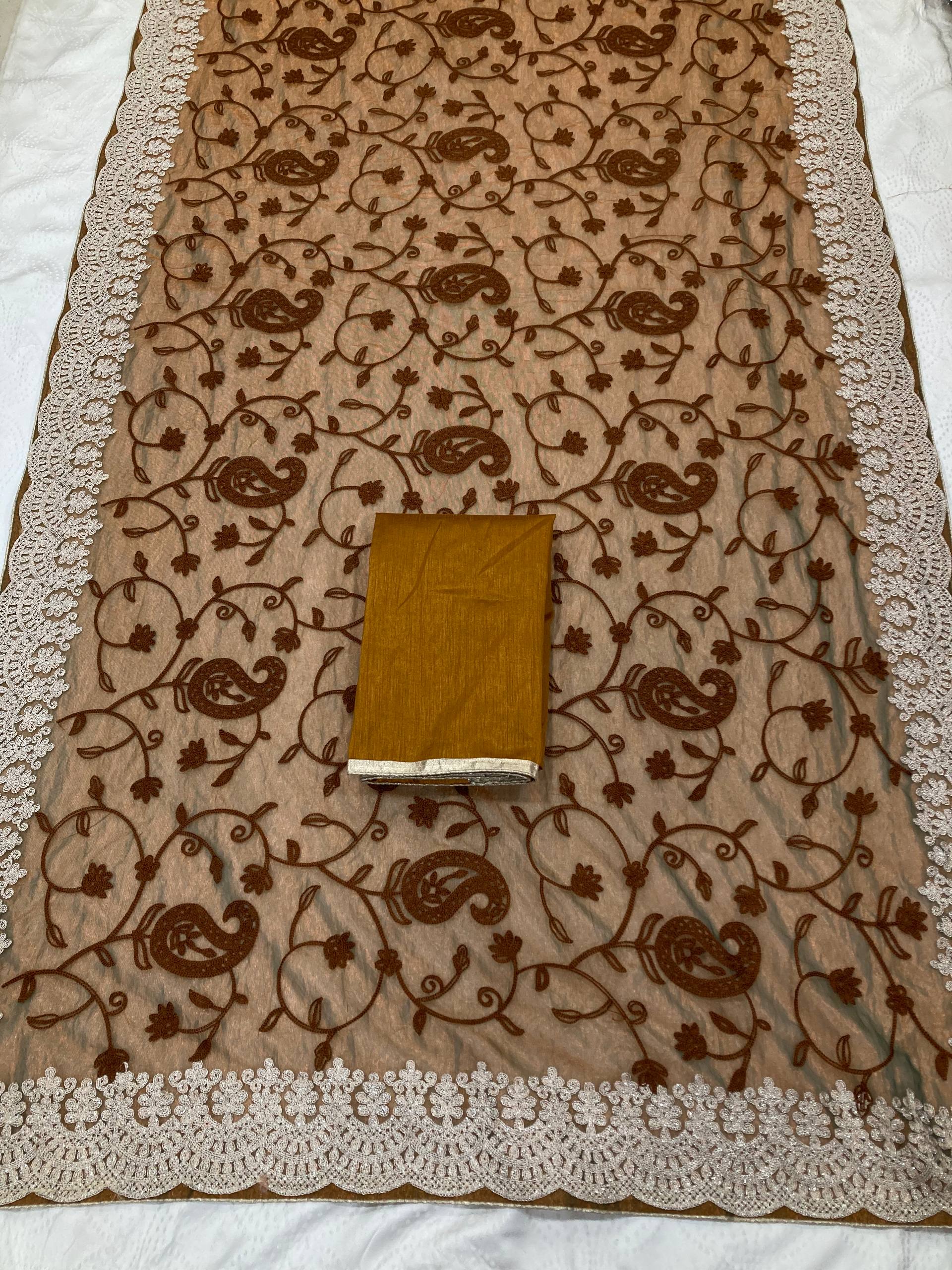 Chikankari Work Brown & Mustard with White Lace Saree