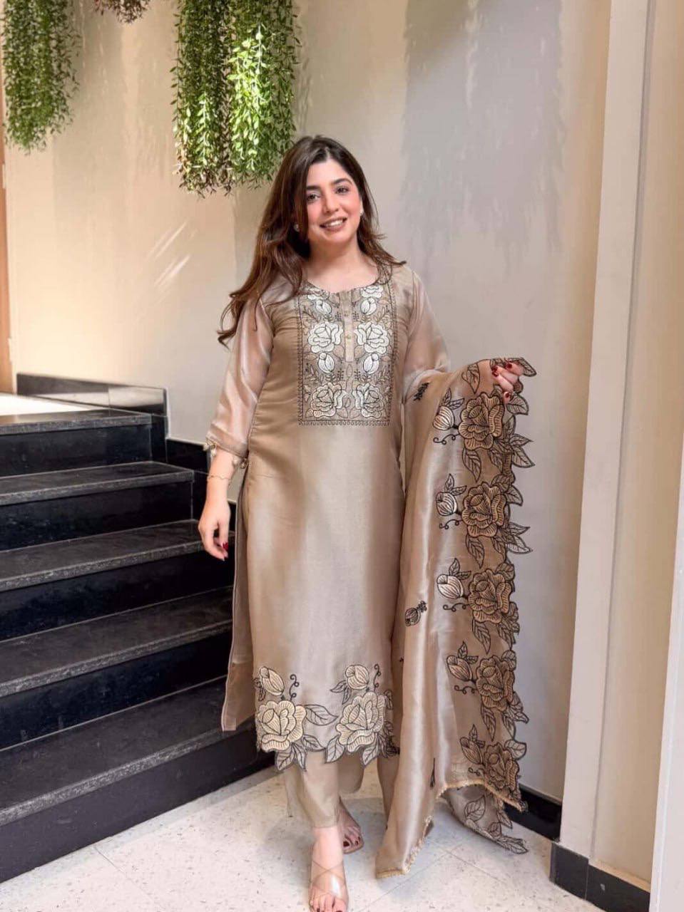 Champagne Beige Premium Chanderi Suit Set