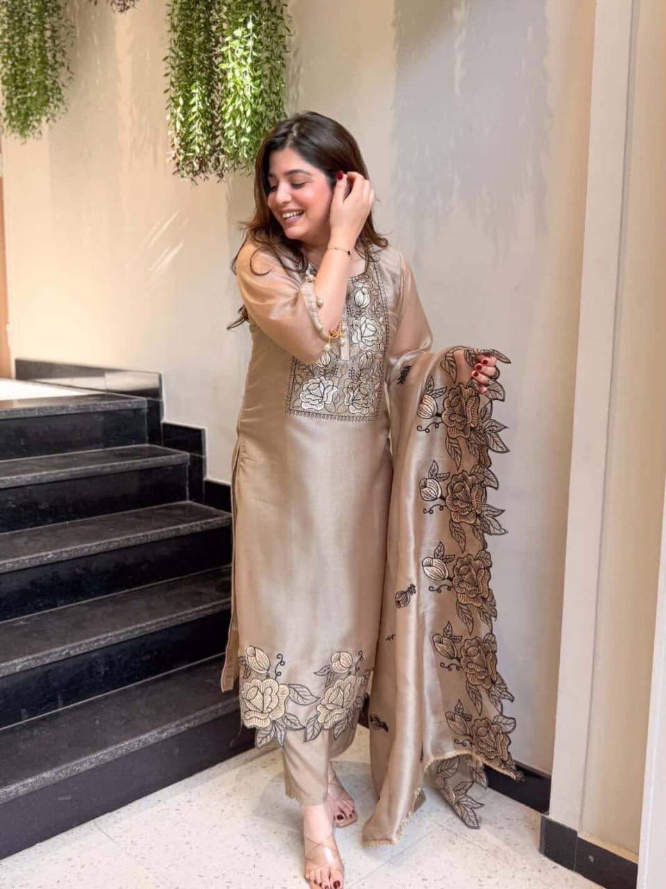 Champagne Beige Premium Chanderi Suit Set