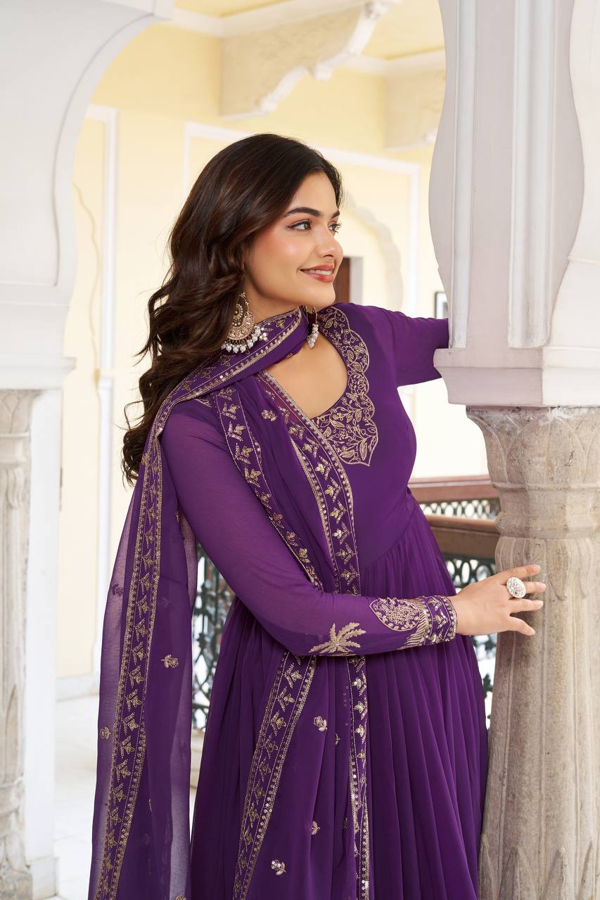 Purple Faux Georgette Thread Sequence Anarkali Suit