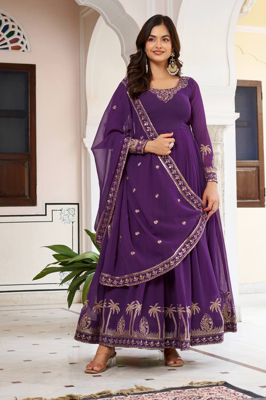 Purple Faux Georgette Thread Sequence Anarkali Suit