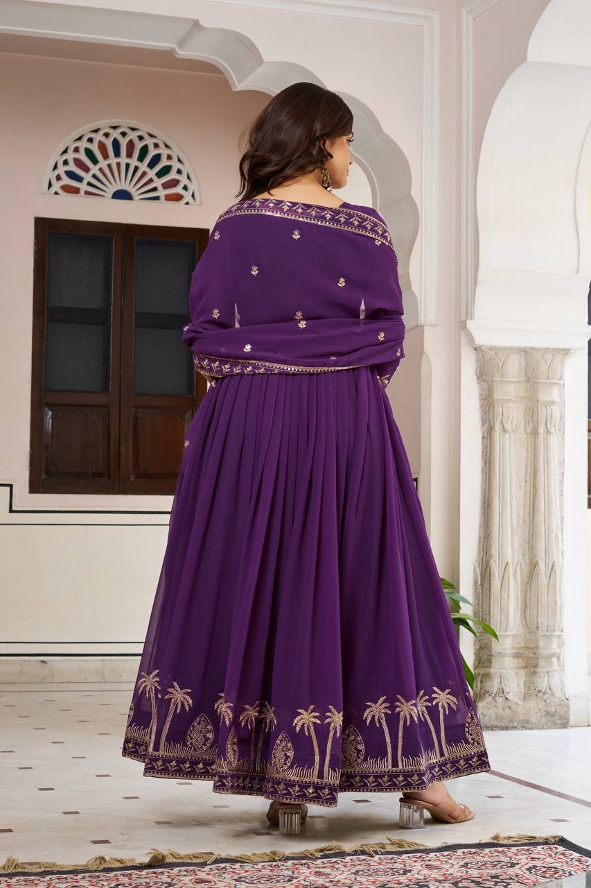Purple Faux Georgette Thread Sequence Anarkali Suit