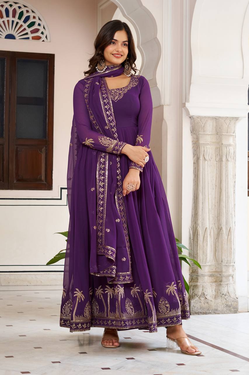Purple Faux Georgette Thread Sequence Anarkali Suit
