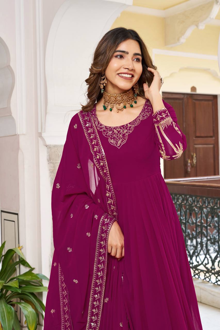 Rani Pink Faux Georgette Thread Sequence Anarkali Suit