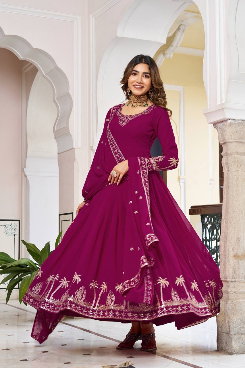 Rani Pink Faux Georgette Thread Sequence Anarkali Suit