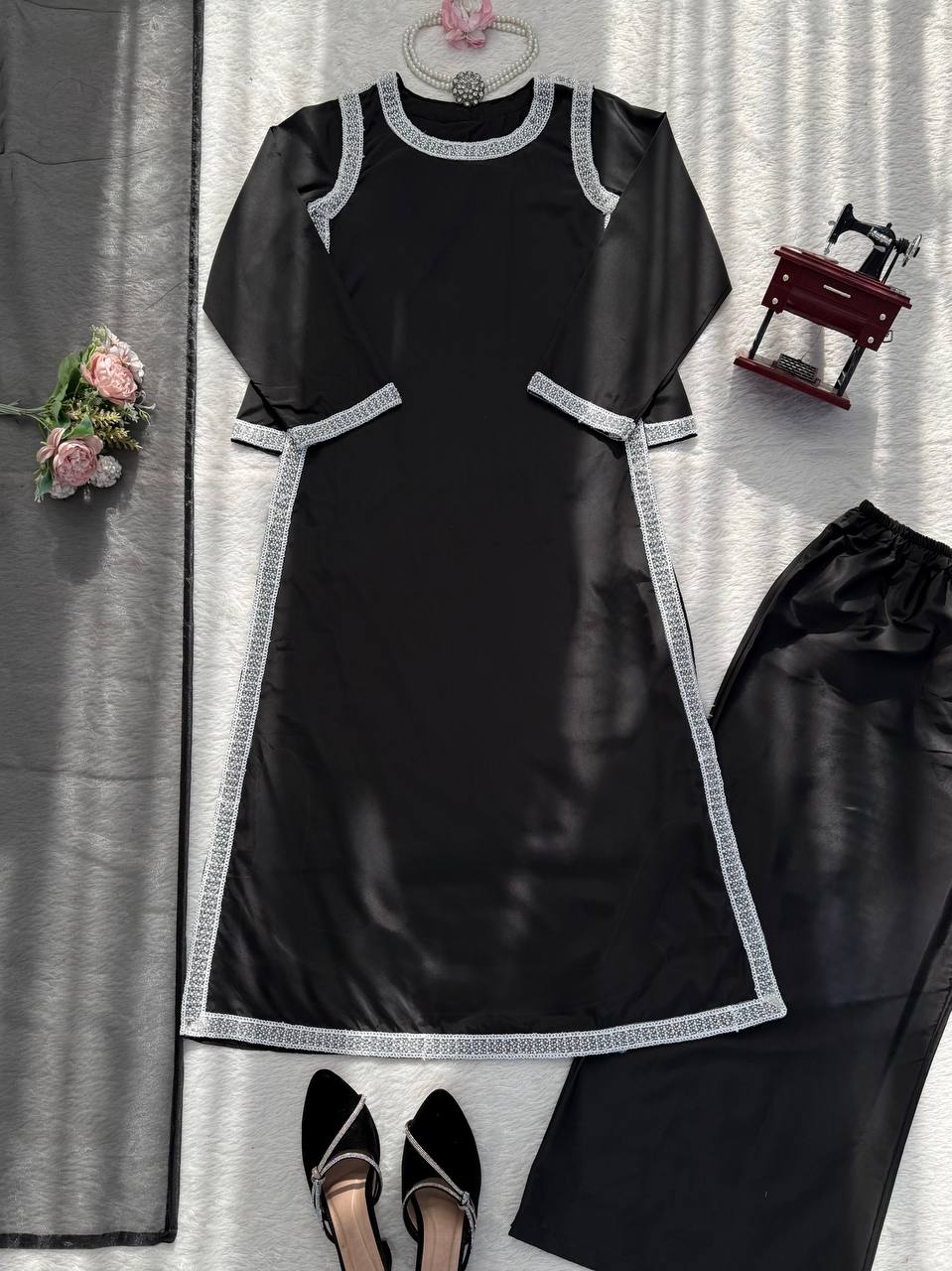 Black Designer Natural Crepe Palazzo Suit Set