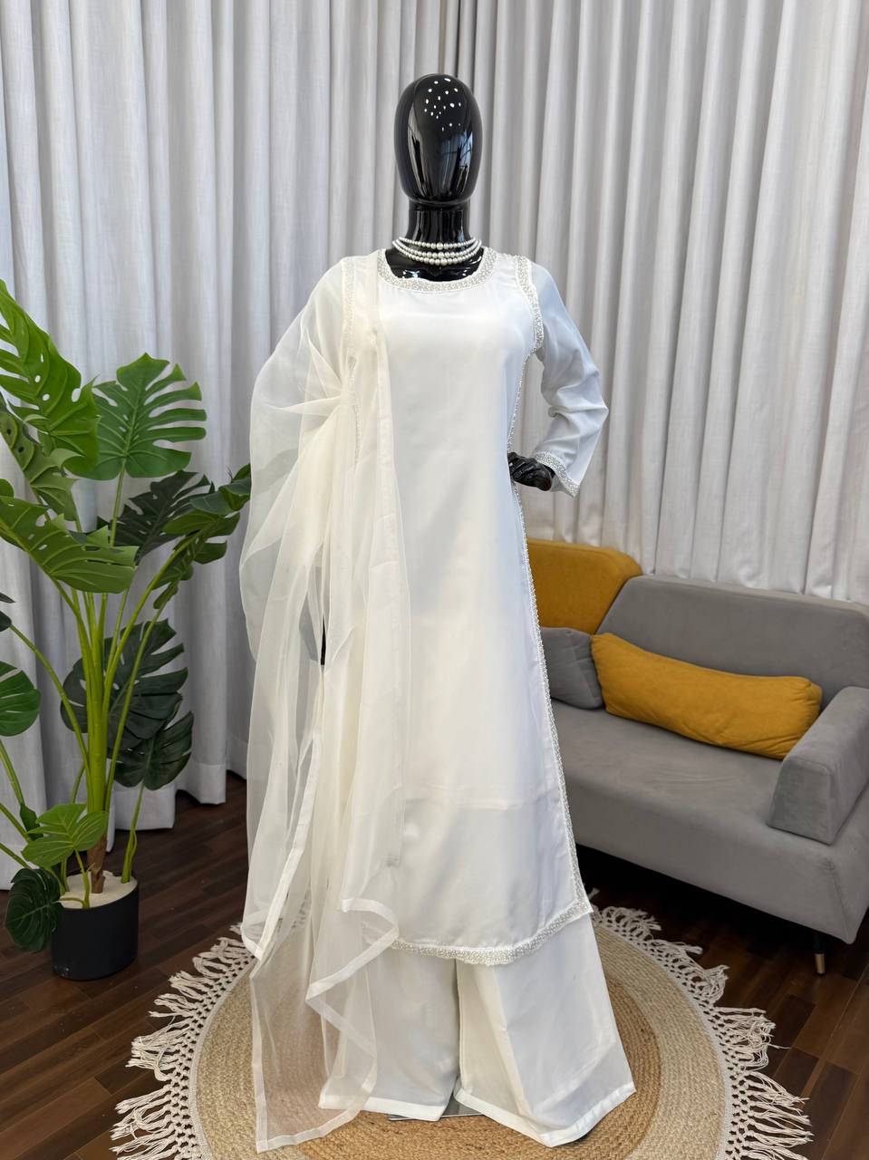 White Designer Natural Crepe Palazzo Suit Set