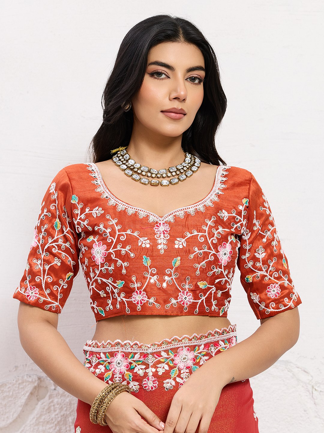 Aarohi Floral Embroidered Orange Designer Saree