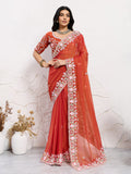 Aarohi Floral Embroidered Orange Designer Saree