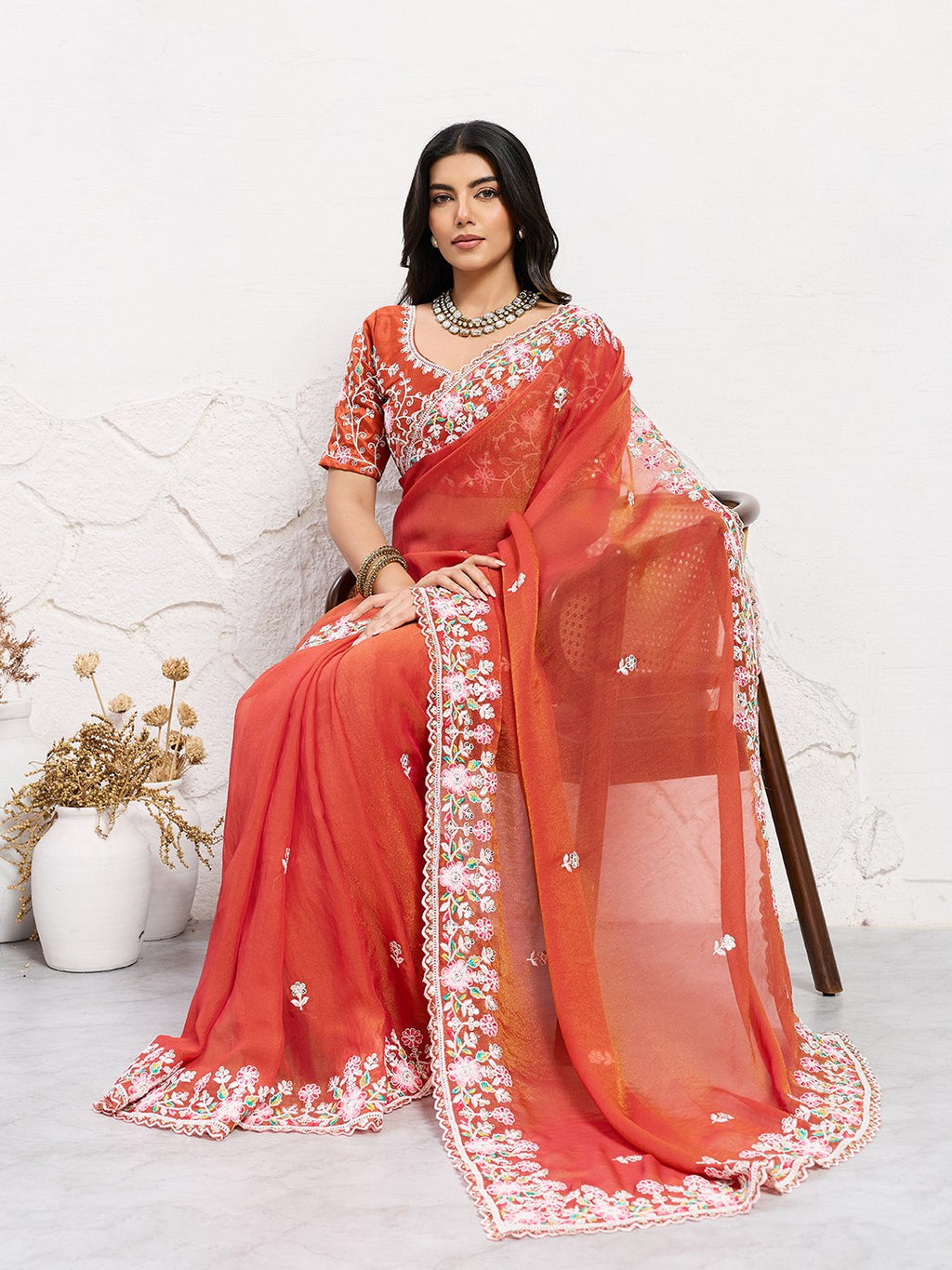 Aarohi Floral Embroidered Orange Designer Saree