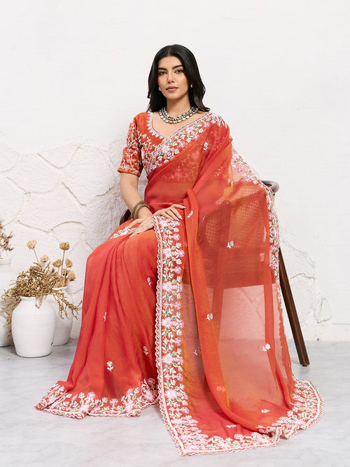 Aarohi Floral Embroidered Orange Designer Saree
