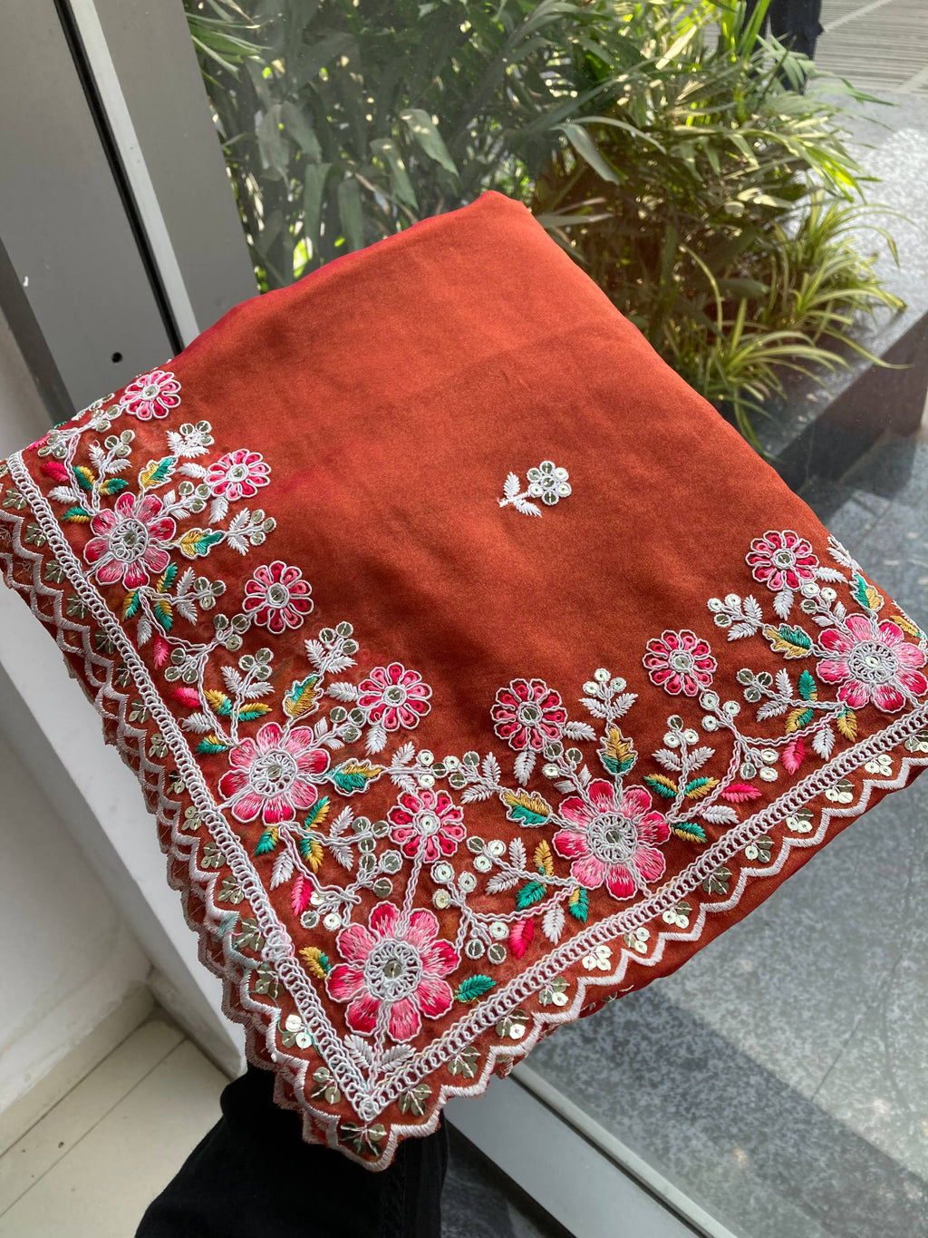 Aarohi Floral Embroidered Orange Designer Saree