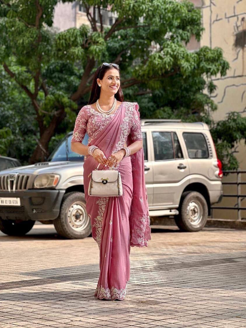 Baby Pink Designer Embroidered Party Wear Saree