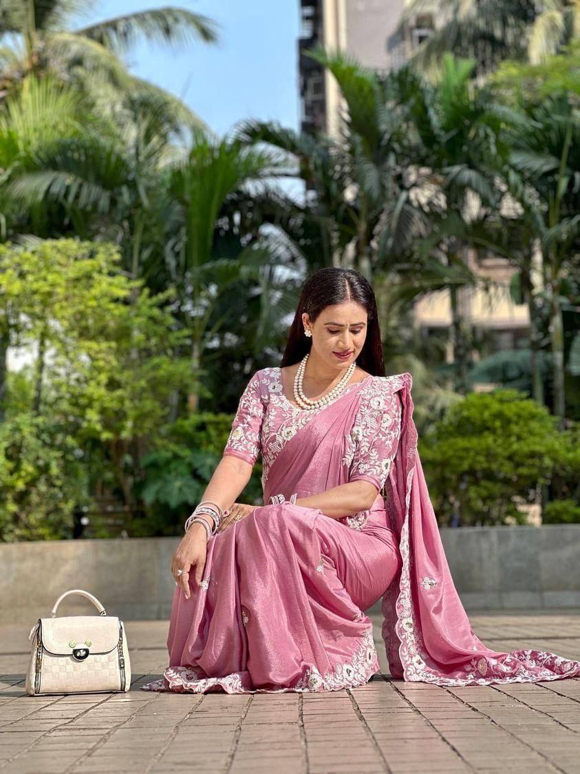 Baby Pink Designer Embroidered Party Wear Saree