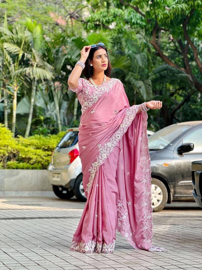 Baby Pink Designer Embroidered Party Wear Saree