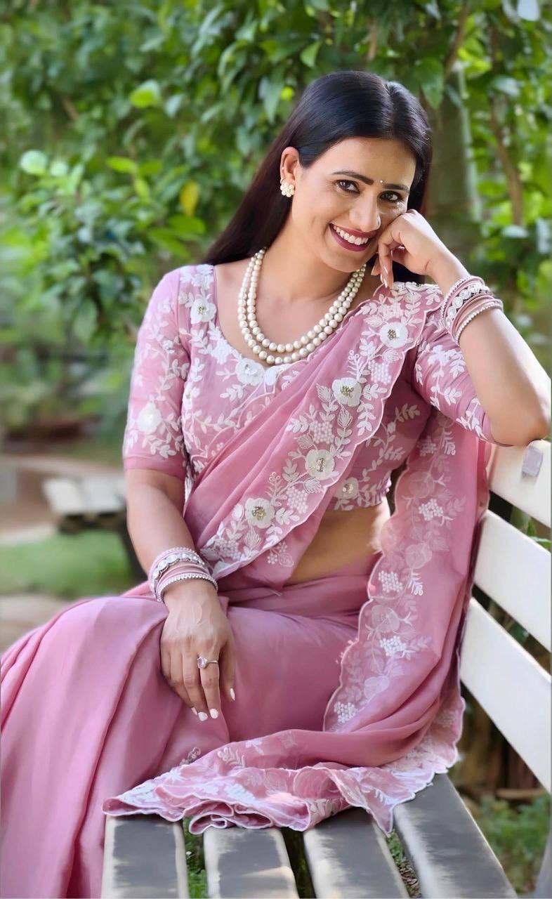 Baby Pink Designer Embroidered Party Wear Saree