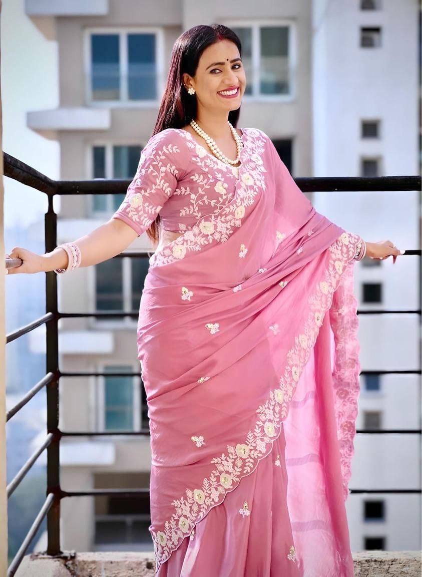 Baby Pink Designer Embroidered Party Wear Saree