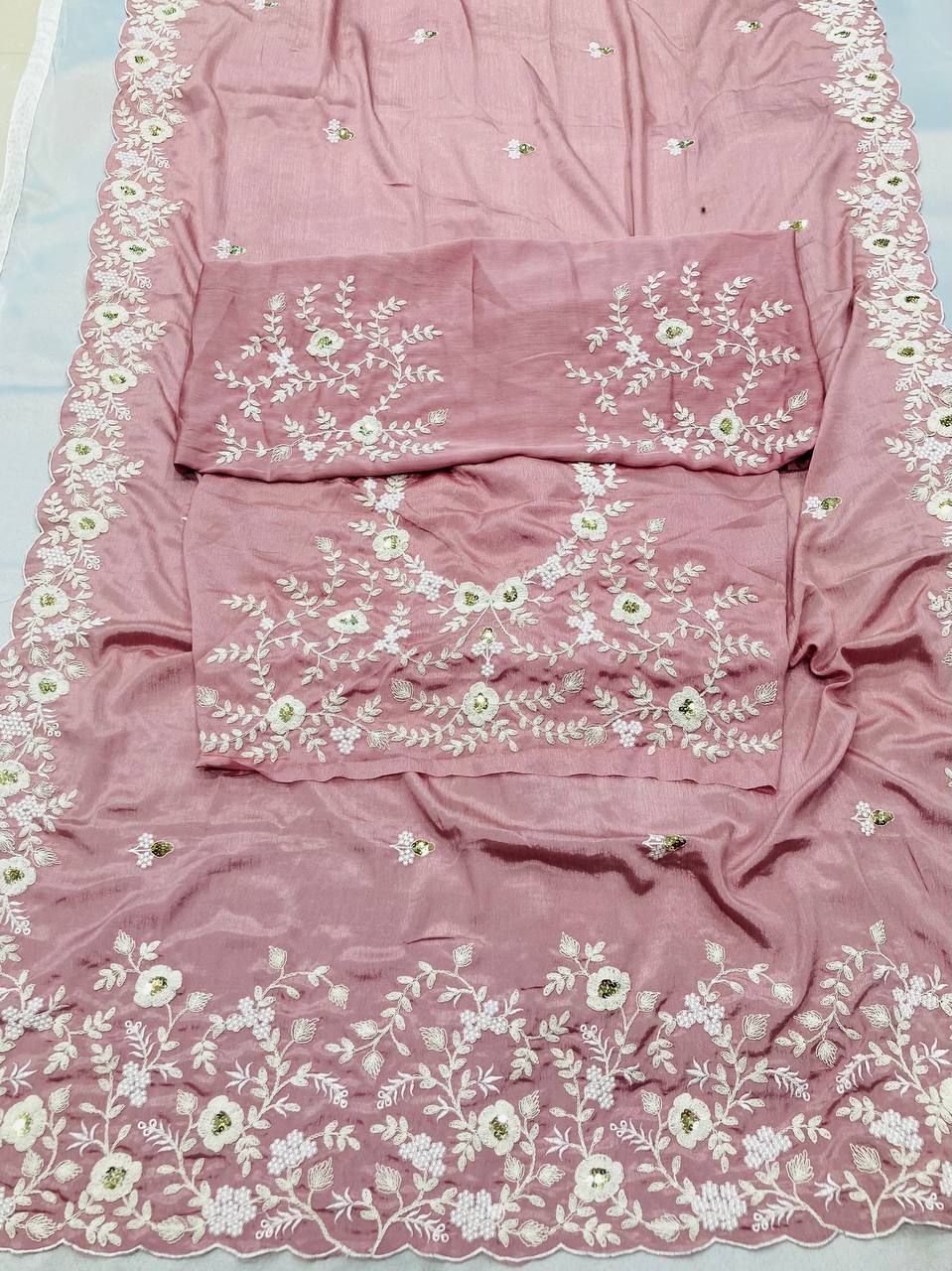 Baby Pink Designer Embroidered Party Wear Saree