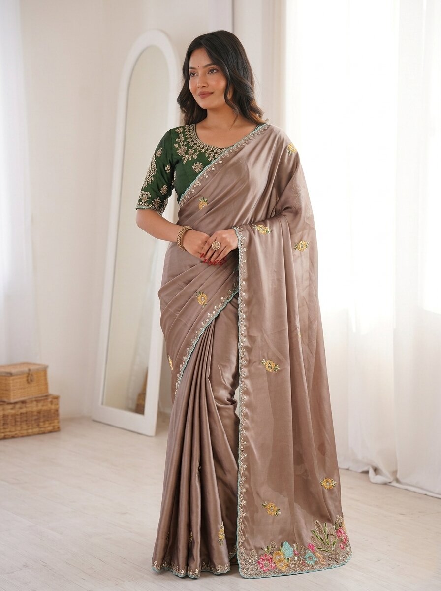 Taupe Brown Heavy Embroidered Rangoli Silk Saree