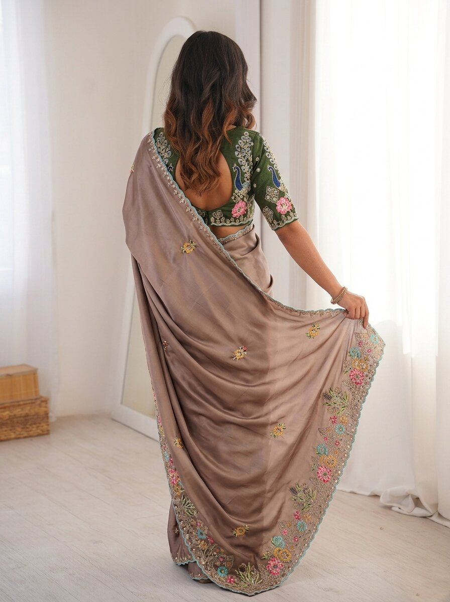 Taupe Brown Heavy Embroidered Rangoli Silk Saree