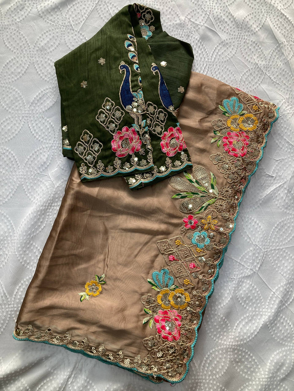 Taupe Brown Heavy Embroidered Rangoli Silk Saree
