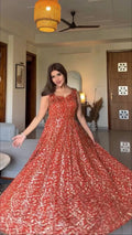 Rust Gold Shimmer Party Wear Flared Designer Gown