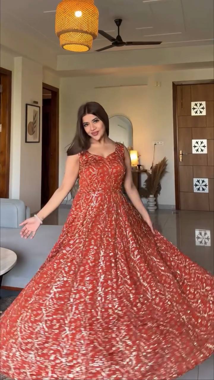 Rust Gold Shimmer Party Wear Flared Designer Gown