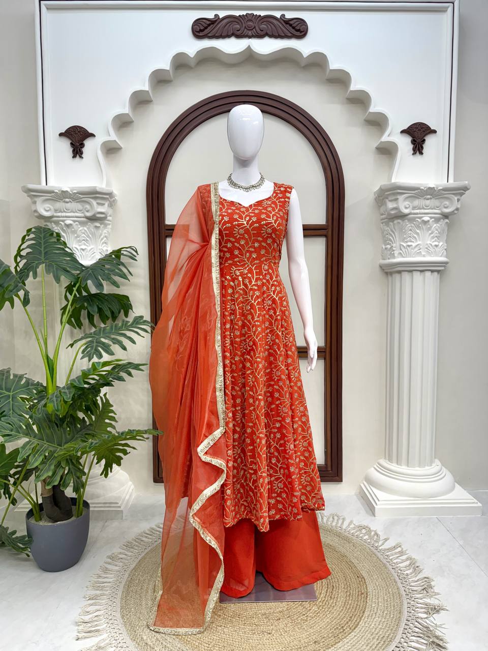 Rust Gold Shimmer Party Wear Flared Designer Gown