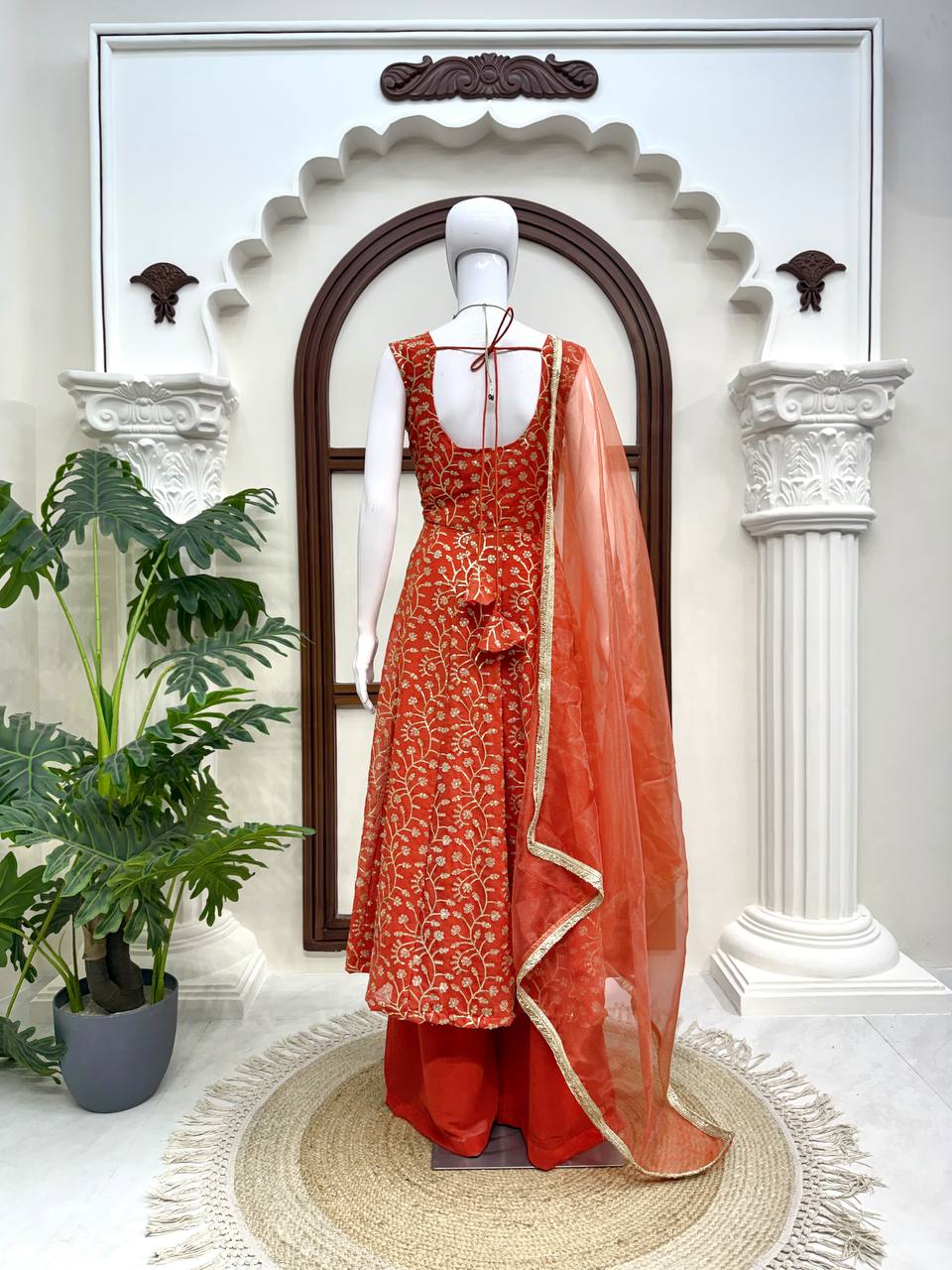 Rust Gold Shimmer Party Wear Flared Designer Gown