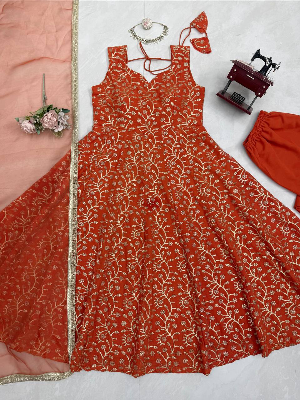 Rust Gold Shimmer Party Wear Flared Designer Gown