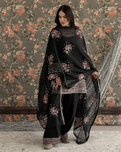 Black Threadwork Sequin Designer Palazzo Suit Set with Dupatta