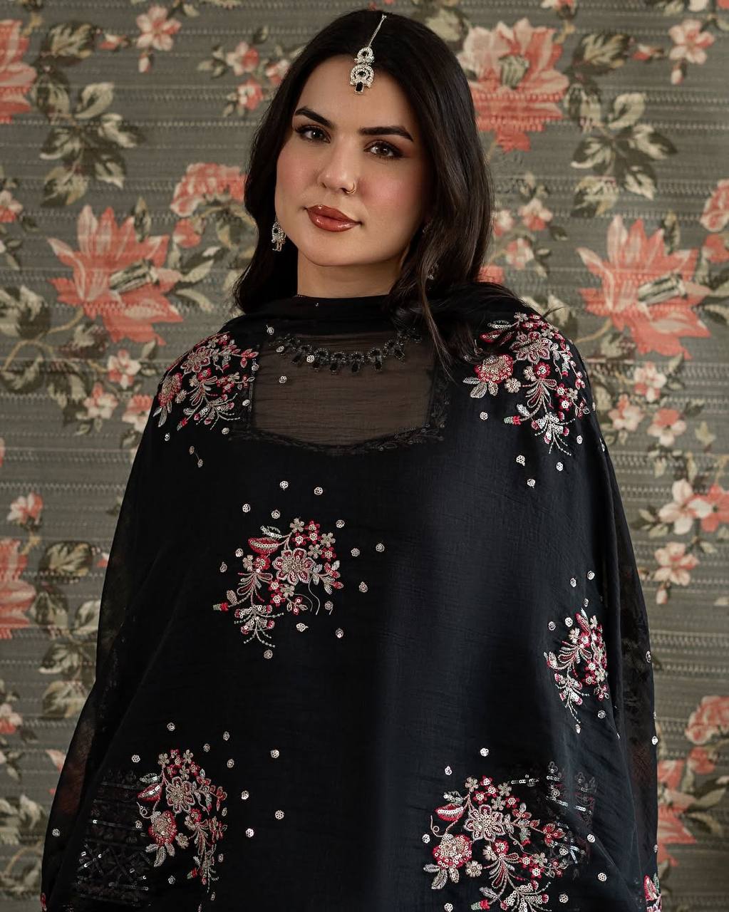 Black Threadwork Sequin Designer Palazzo Suit Set with Dupatta