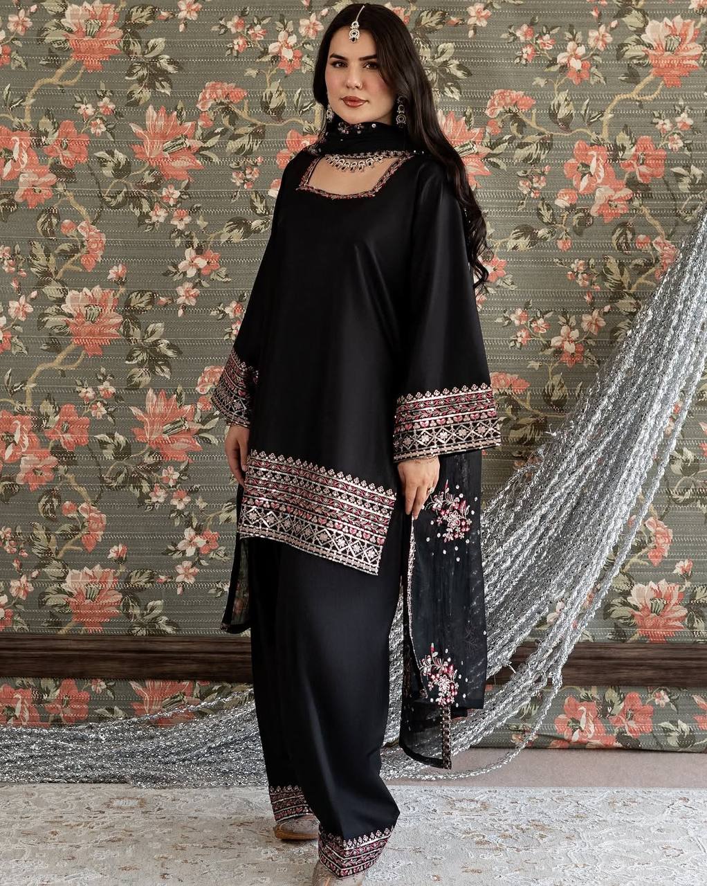 Black Threadwork Sequin Designer Palazzo Suit Set with Dupatta