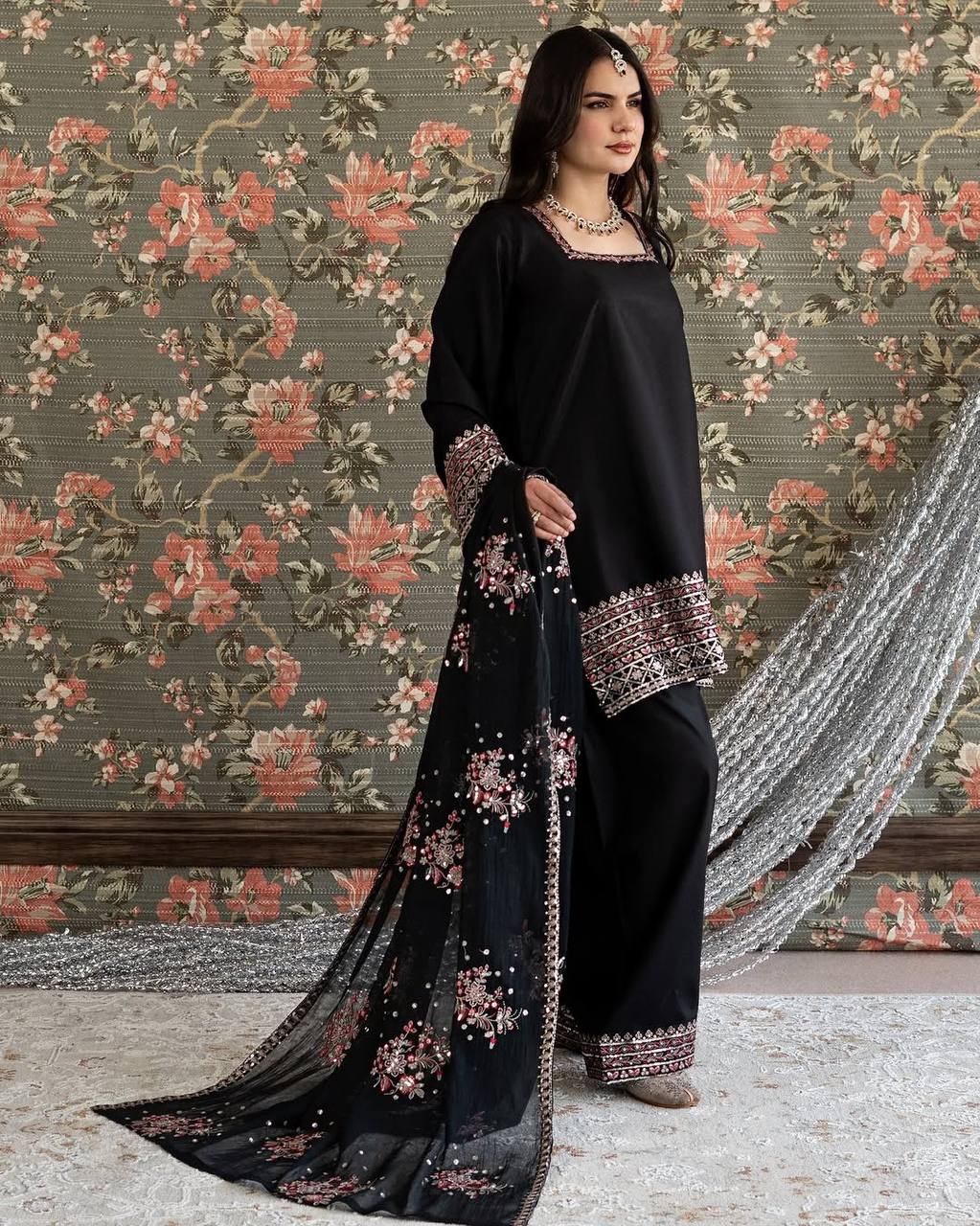 Black Threadwork Sequin Designer Palazzo Suit Set with Dupatta