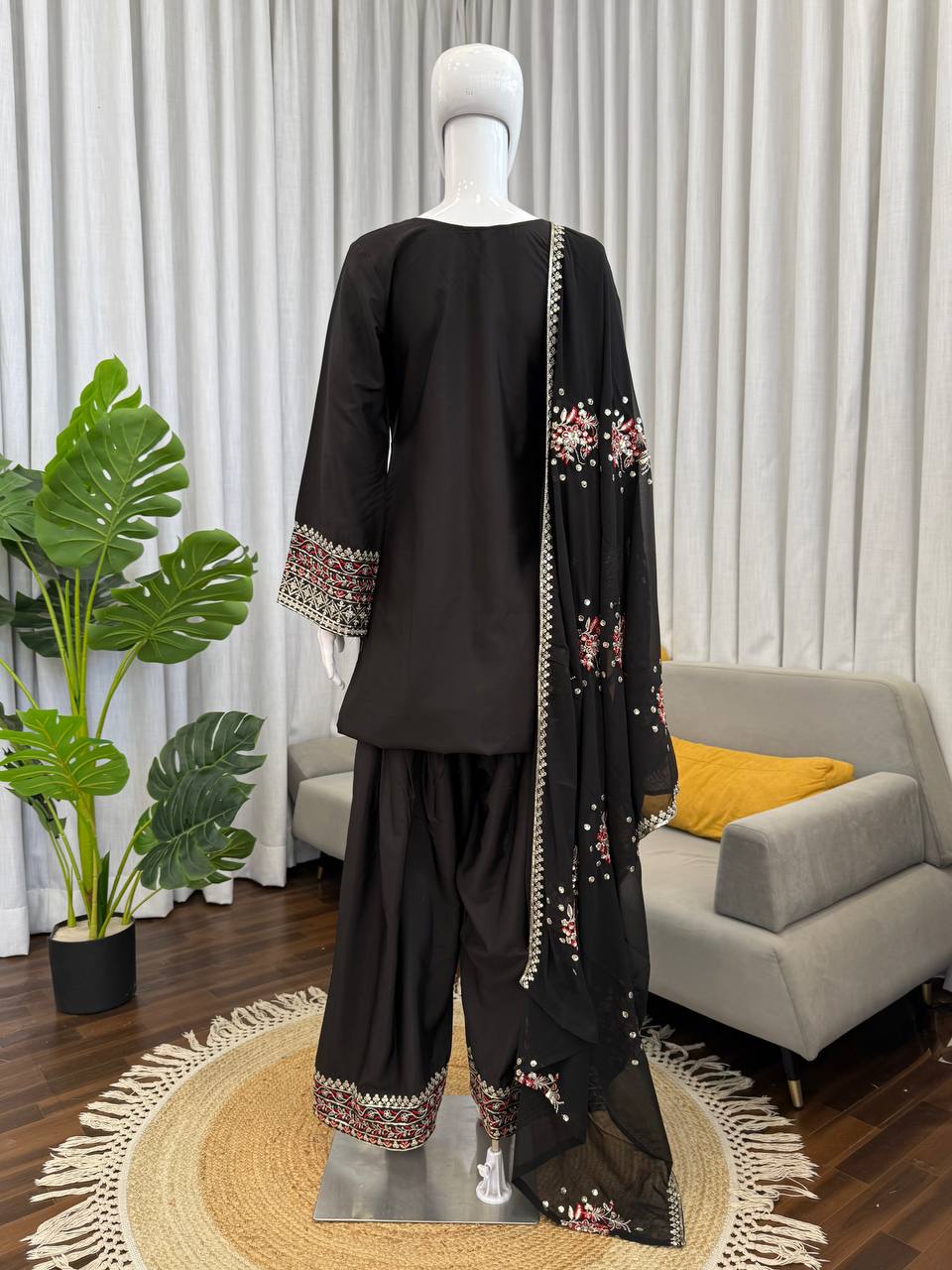 Black Threadwork Sequin Designer Palazzo Suit Set with Dupatta