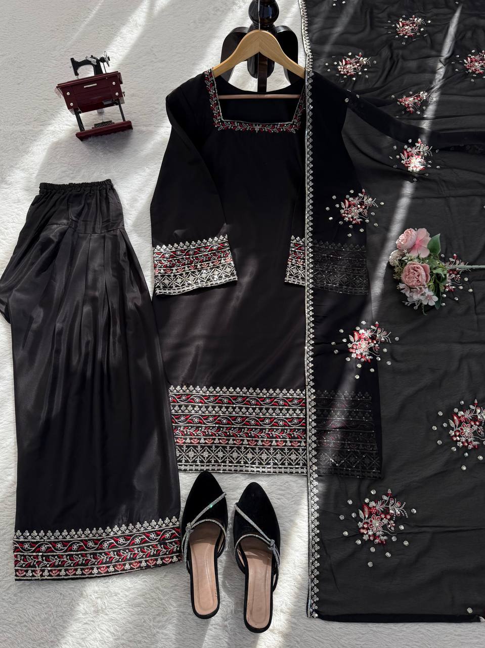 Black Threadwork Sequin Designer Palazzo Suit Set with Dupatta