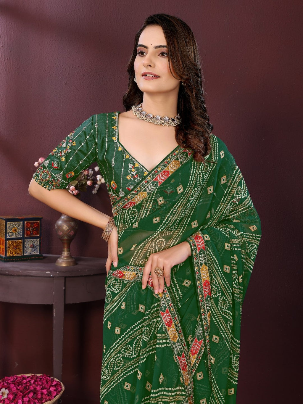 Emerald Green Printed Designer Georgette Saree
