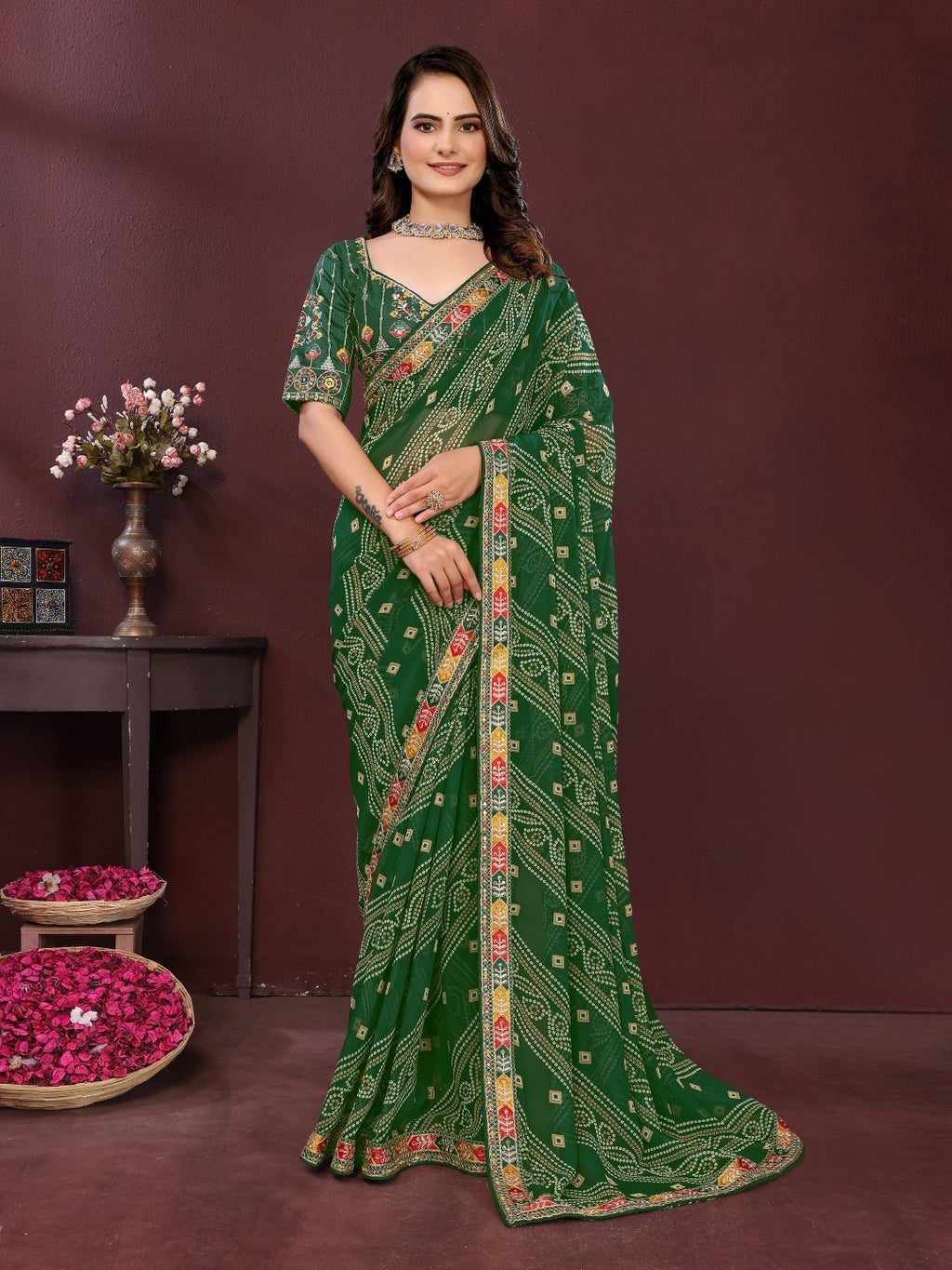 Emerald Green Printed Designer Georgette Saree
