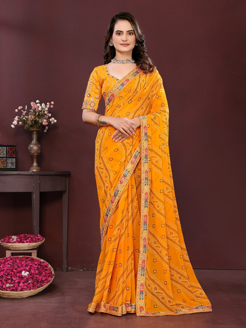 Mustard Yellow Printed Designer Georgette Saree