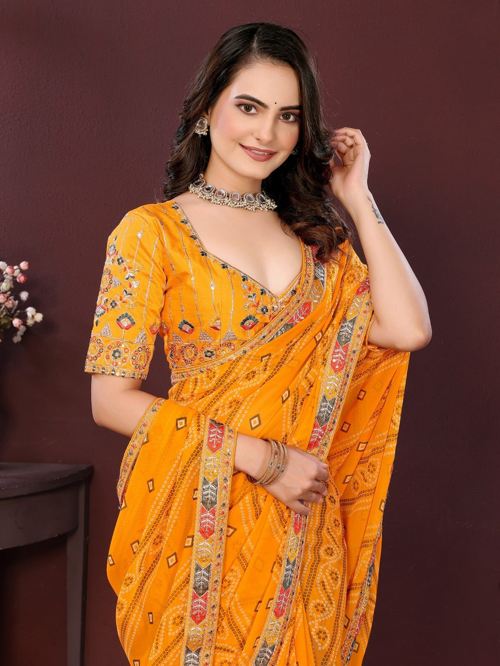 Mustard Yellow Printed Designer Georgette Saree
