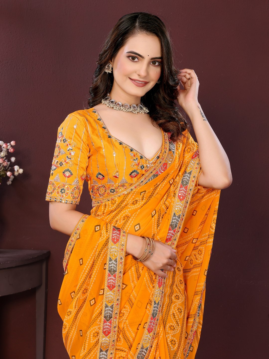 Mustard Yellow Printed Designer Georgette Saree