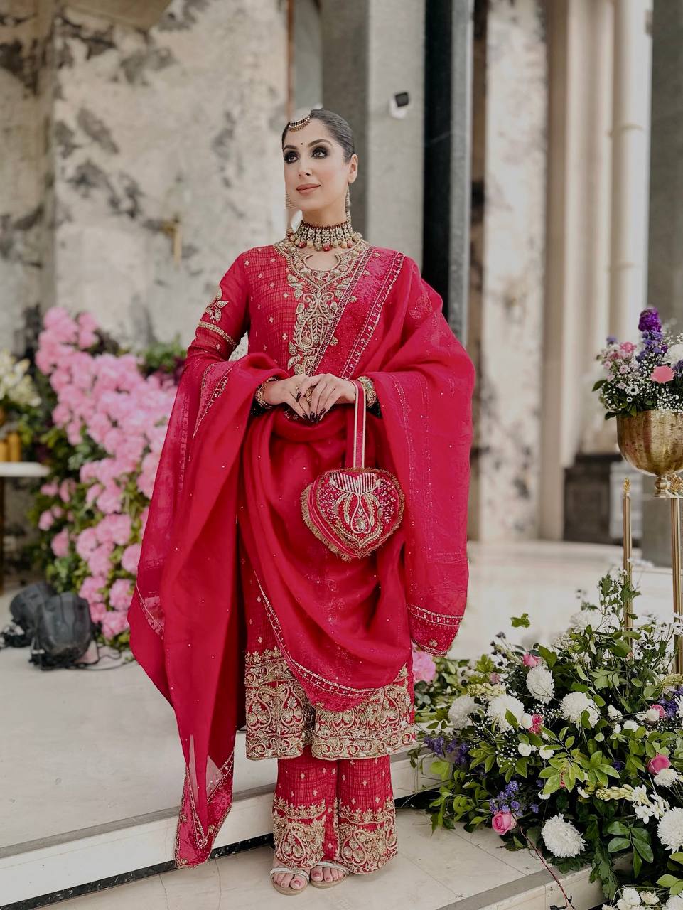 Royal Red Embroidered Festive Kurta with Dupatta Set