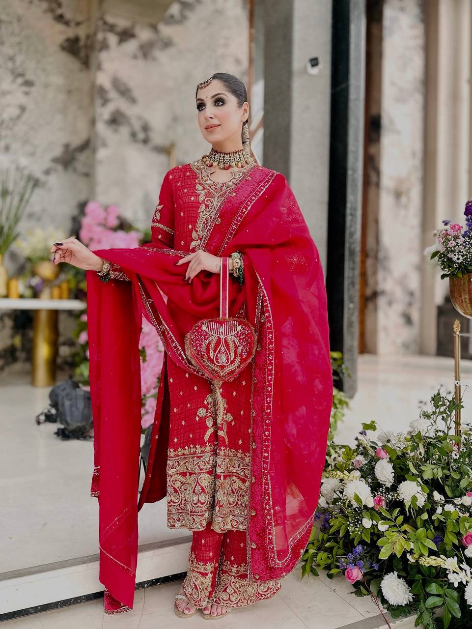 Royal Red Embroidered Festive Kurta with Dupatta Set