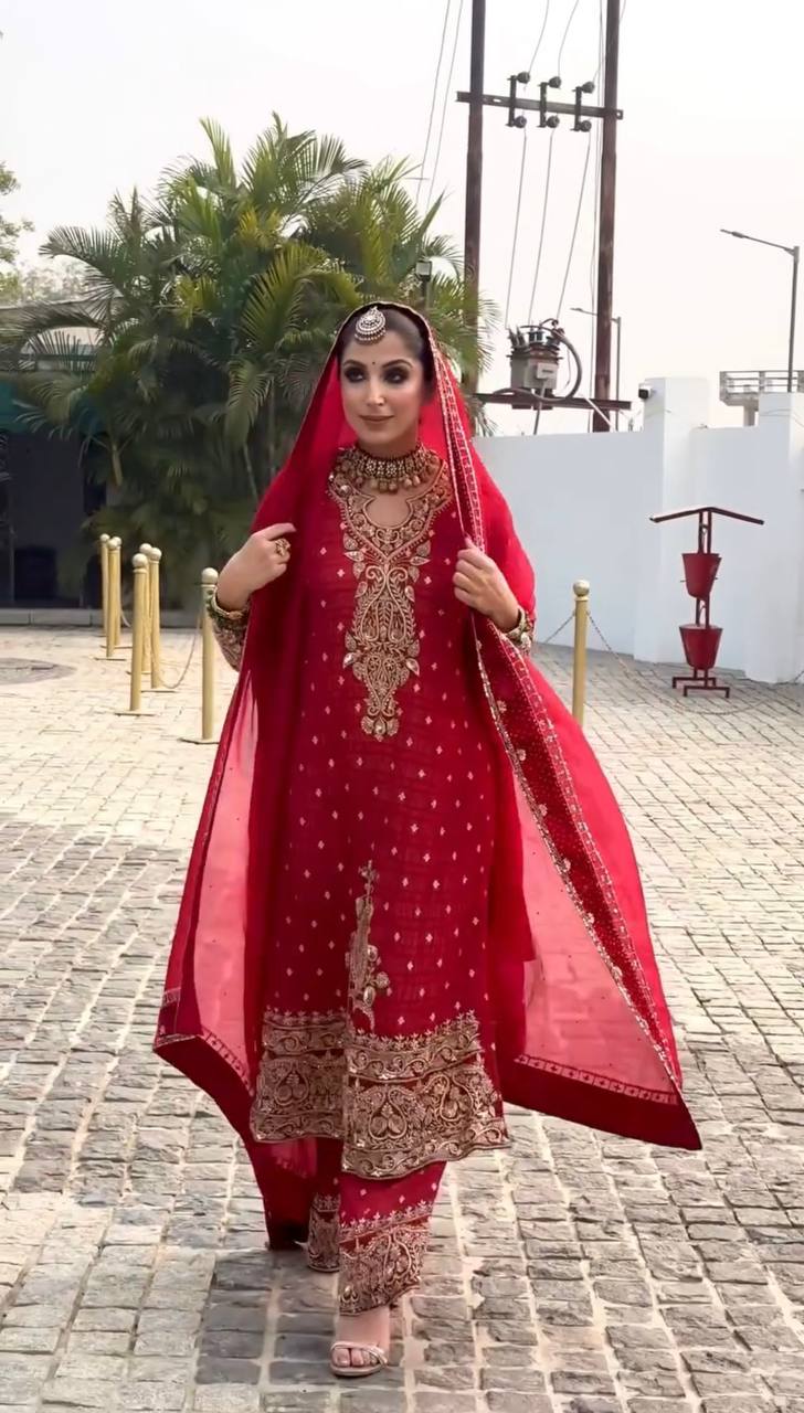 Royal Red Embroidered Festive Kurta with Dupatta Set