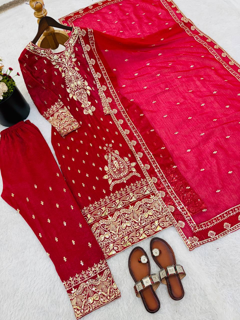 Royal Red Embroidered Festive Kurta with Dupatta Set