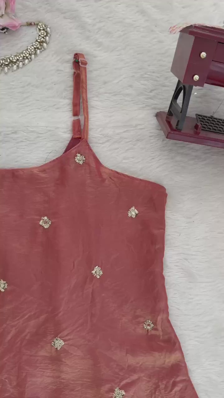 Rust peach Fandy Silk Sequence Work Three Piece Suit