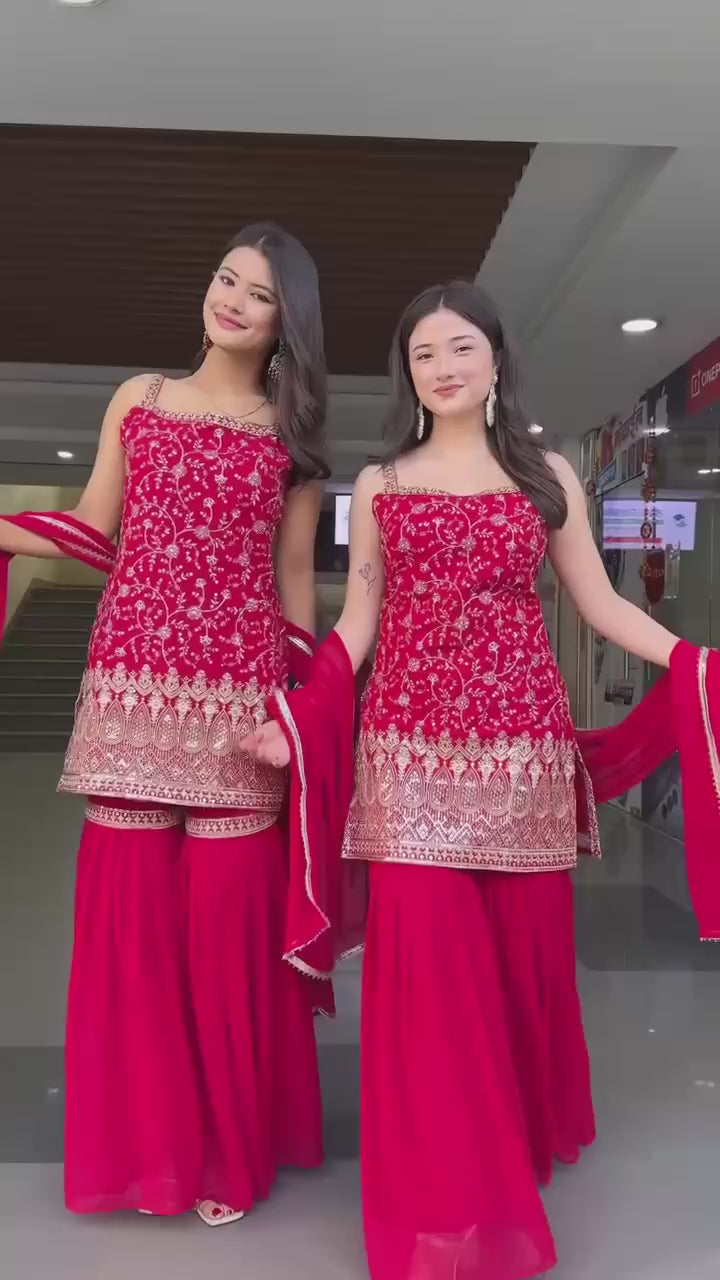 Sequence Work Red Colour Foux Gorgette Sharara suit Set