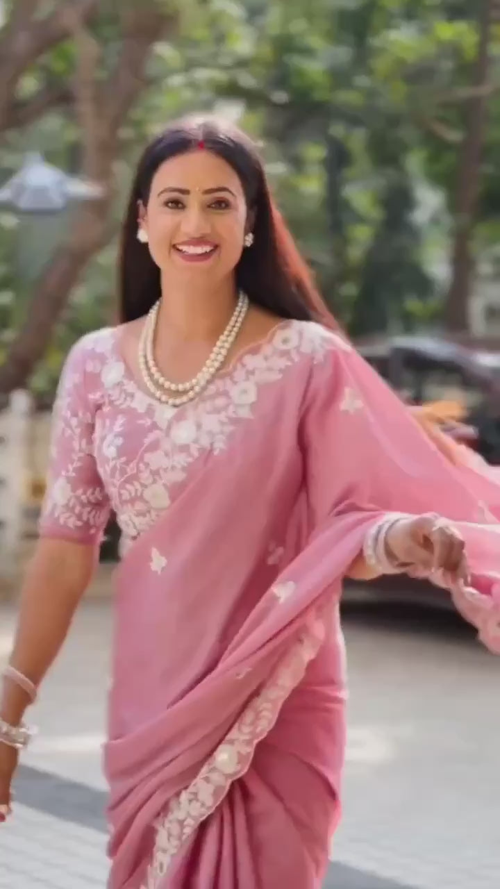 Baby Pink Designer Embroidered Party Wear Saree